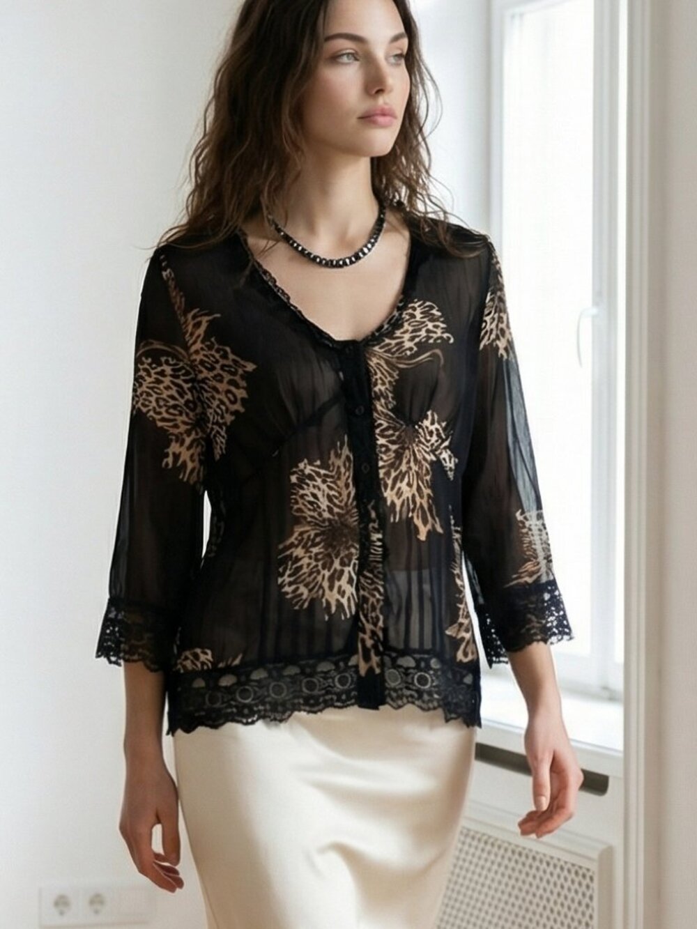 VIOLET & CLAIRE Women's Animal Print Blouse Black Lace Sheer Size XL